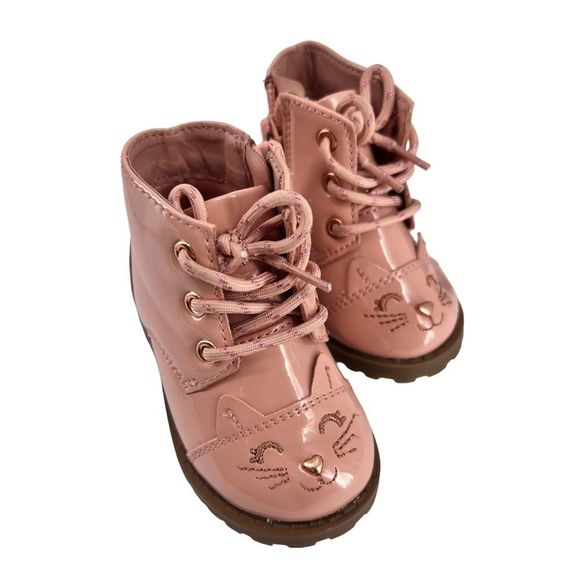 wonder nation Pink Shiny Kitty Cat Combat Boots Size 3 - Picture 1 of 7